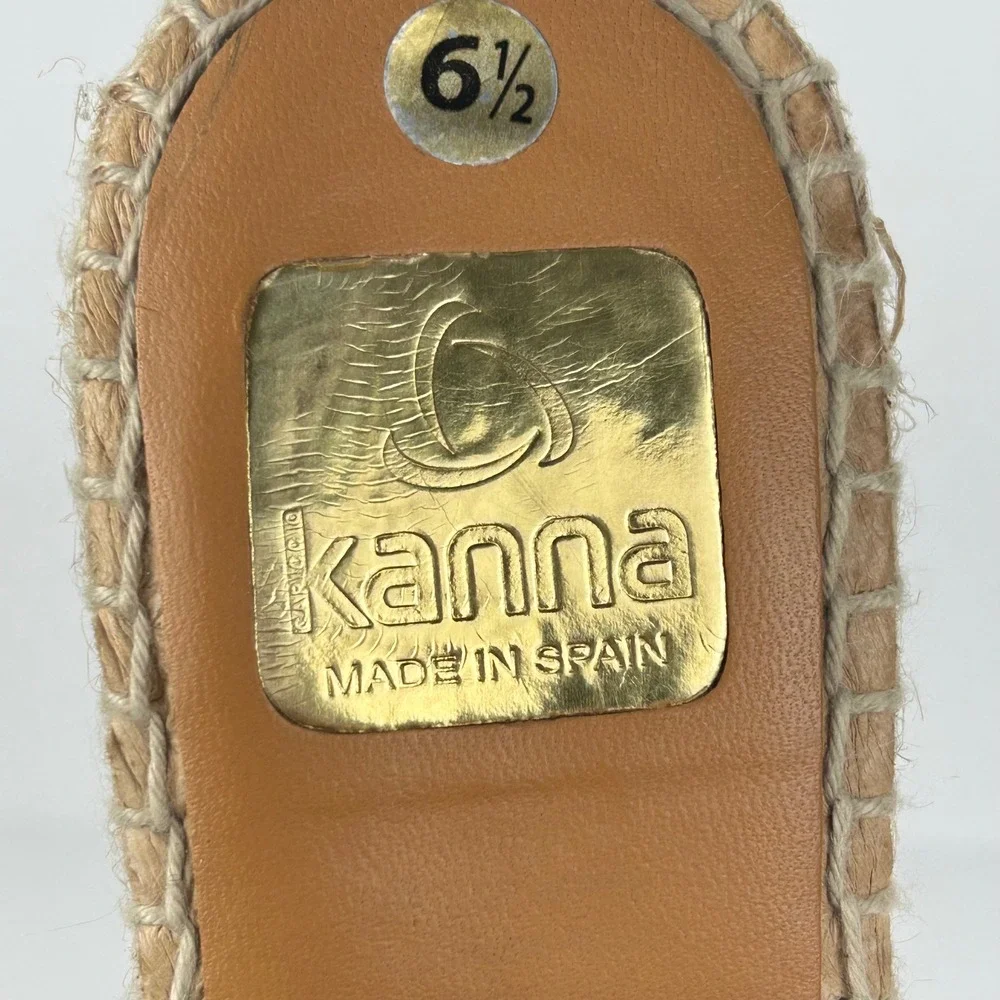 Kanna Black Leather Espadrille Wedge Sandals Gold Buckle Made in Spain Size 37